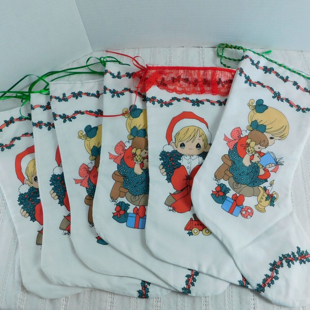 Precious Moments Christmas Stocking Vintage Handmade Lot of 6 Lined Boy & Girl